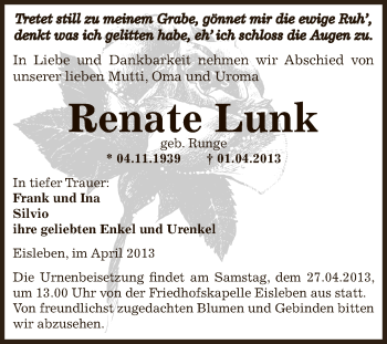 Traueranzeige von Renate Lunk von Wochenspiegel Mansfelder Land