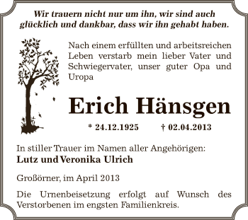 Traueranzeige von Erich Hänsgen von Wochenspiegel Mansfelder Land