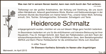 Traueranzeige von Heiderose Schmaltz von Super Sonntag Zeitz