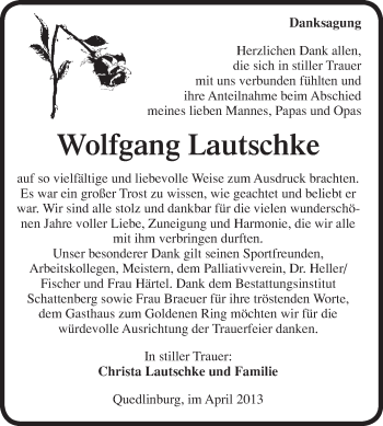 Traueranzeige von Wolfgang Lautschke von WVG - Wochenspiegel Quedlinburg