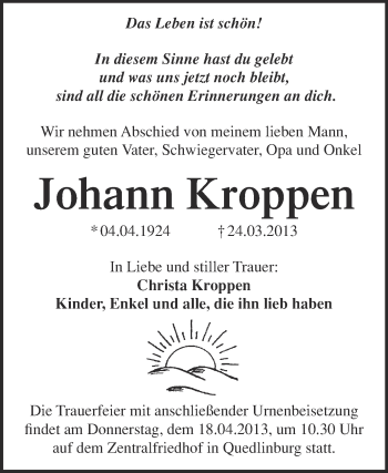 Traueranzeige von Johann Kroppen von WVG - Wochenspiegel Quedlinburg