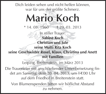 Traueranzeige von Mario Koch von WVG - Wochenspiegel Quedlinburg