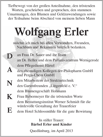 Traueranzeige von Wolfgang Erler von WVG - Wochenspiegel Quedlinburg
