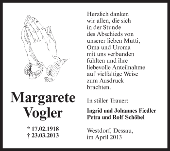 Traueranzeige von Margarete Vogler von WVG - Wochenspiegel Aschersleben