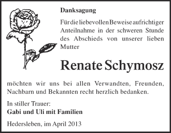 Traueranzeige von Renate Schymosz von WVG - Wochenspiegel Quedlinburg