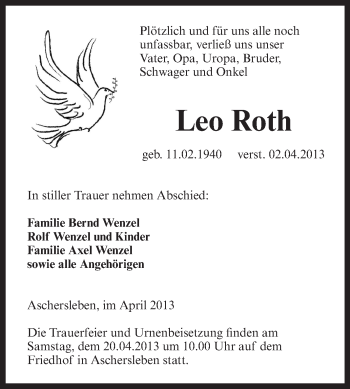 Traueranzeige von Leo Roth von WVG - Wochenspiegel Aschersleben