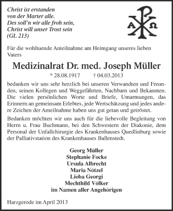 Traueranzeige von Joseph Müller von Super Sonntag Quedlinburg