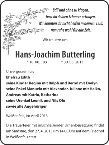 Traueranzeige von Hans-Joachim Butterling von WVG - Wochenspiegel NMB / WSF / ZTZ