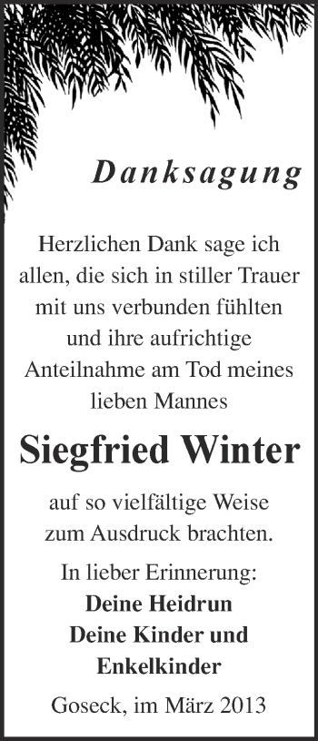 Traueranzeige von Siegfried Winter von WVG - Wochenspiegel NMB / WSF / ZTZ