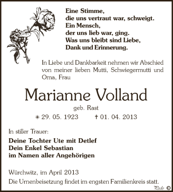 Traueranzeige von Marianne Volland von Super Sonntag Zeitz