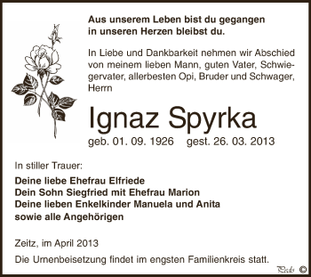 Traueranzeige von Ignaz Spyrka von Super Sonntag Zeitz