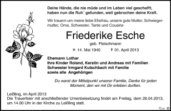 Traueranzeige von Friederike Esche von WVG - Wochenspiegel NMB / WSF / ZTZ