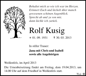 Traueranzeige von Rolf Kusig von WVG - Wochenspiegel NMB / WSF / ZTZ