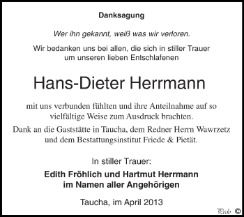 Traueranzeige von Hans-Dieter Herrmann von WVG - Wochenspiegel NMB / WSF / ZTZ