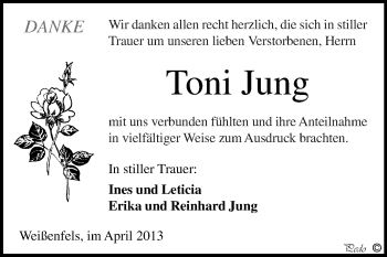 Traueranzeige von Toni Jung von WVG - Wochenspiegel NMB / WSF / ZTZ