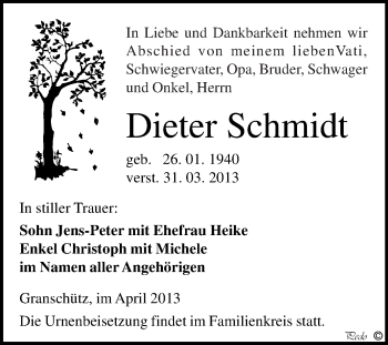 Traueranzeige von Dieter Schmidt von WVG - Wochenspiegel NMB / WSF / ZTZ