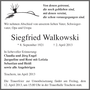 Traueranzeige von Siegfried Walkowski von WVG - Wochenspiegel NMB / WSF / ZTZ