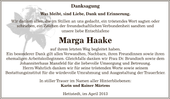 Traueranzeige von Marga Haake von Super Sonntag SGH Mansf. Land