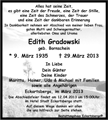 Traueranzeige von Edith Gradowski von WVG - Wochenspiegel NMB / WSF / ZTZ