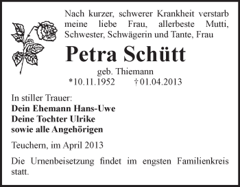 Traueranzeige von Petra Schütt von WVG - Wochenspiegel NMB / WSF / ZTZ