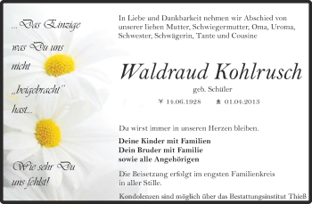Traueranzeige von Waldraud Kohlrusch von WVG - Wochenspiegel Quedlinburg