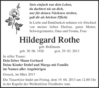 Traueranzeige von Hildegard Rothe von WVG - Wochenspiegel NMB / WSF / ZTZ