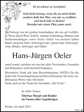 Traueranzeige von Hans-Jürgen Oeler von Super Sonntag Zeitz