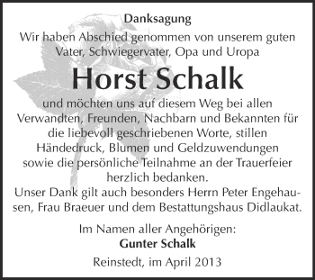 Traueranzeige von Horst Schalk von WVG - Wochenspiegel Quedlinburg