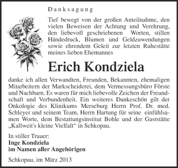 Traueranzeige von Erich Kondziela von Super Sonntag Merseburg