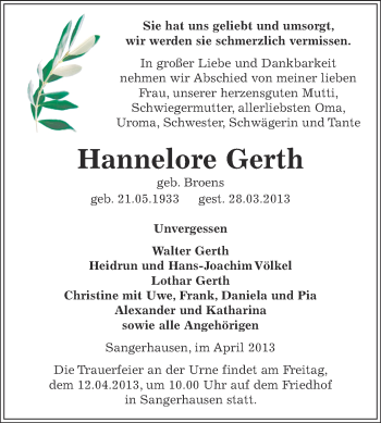 Traueranzeige von Hannelore Gerth von Super Sonntag SGH Mansf. Land