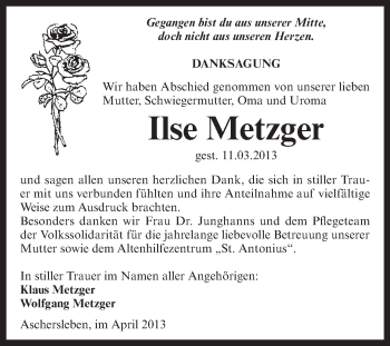 Traueranzeige von Ilse Metzger von WVG - Wochenspiegel Aschersleben
