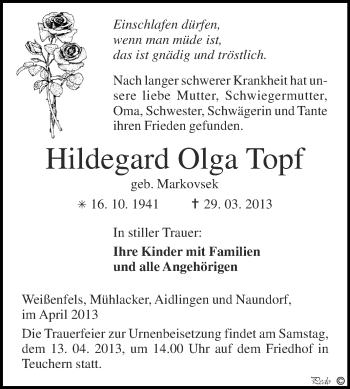 Traueranzeige von Hildegard Olga Topf von WVG - Wochenspiegel NMB / WSF / ZTZ