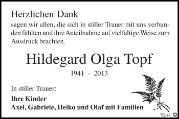 Traueranzeige von Hildegard Olga Topf von WVG - Wochenspiegel NMB / WSF / ZTZ