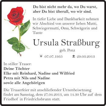 Traueranzeige von Ursula Straßburg von WVG - Wochenspiegel Quedlinburg