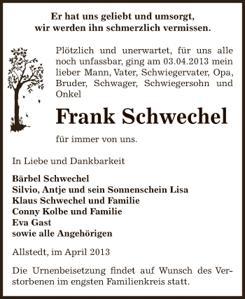 Traueranzeige von Frank Schwechel von Super Sonntag SGH Mansf. Land