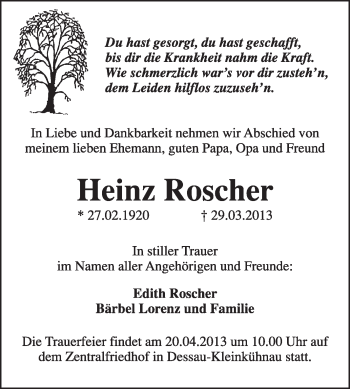 Traueranzeige von Heinz Roscher von Super Sonntag Dessau / Köthen