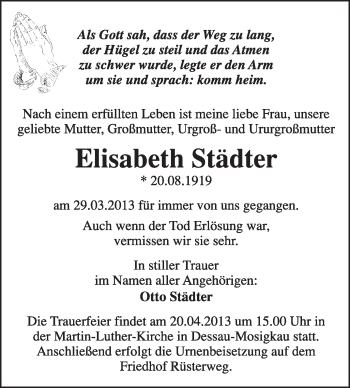 Traueranzeige von Elisabeth Städter von Super Sonntag Dessau / Köthen