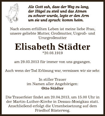 Traueranzeige von Elisabeth Städter von WVG - Wochenspiegel Dessau / Köthen