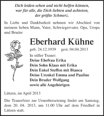 Traueranzeige von Eberhard Kühne von Super Sonntag Merseburg