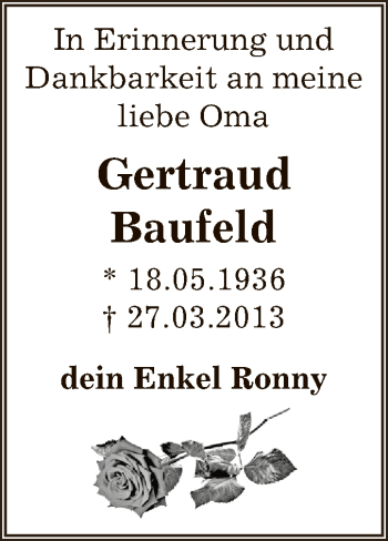 Traueranzeige von Gertraud Baufeld von Super Sonntag Zeitz