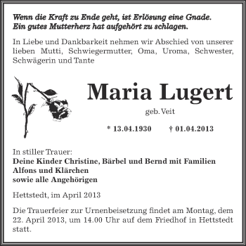 Traueranzeige von Maria Lugert von Wochenspiegel Mansfelder Land