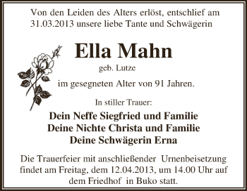 Traueranzeige von Ella Mahn von WVG - Wochenspiegel Dessau / Köthen