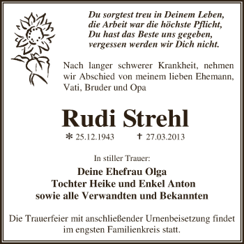 Traueranzeige von Rudi Strehl von WVG - Wochenspiegel Dessau / Köthen