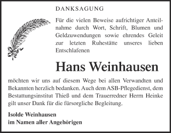 Traueranzeige von Hans Weinhausen von WVG - Wochenspiegel Quedlinburg
