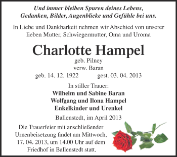 Traueranzeige von Charlotte Hampel von WVG - Wochenspiegel Quedlinburg