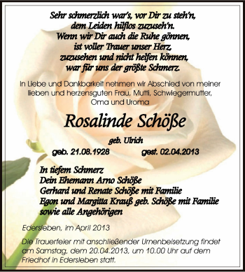 Traueranzeige von Rosalinde Schöße von WVG - Wochenspiegel SGH