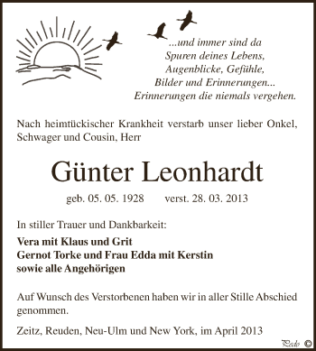 Traueranzeige von Günter Leonhardt von Super Sonntag Zeitz