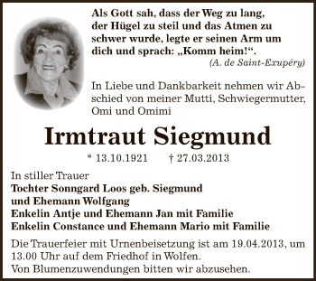 Traueranzeige von Irmtraut Siegmund von WVG - Wochenspiegel Bitterfeld