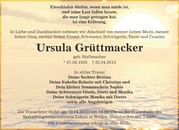 Traueranzeige von Ursula Grüttmacker von WVG - Wochenspiegel Bitterfeld
