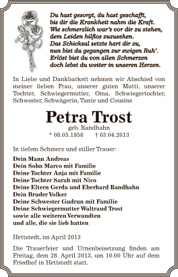 Traueranzeige von Petra Trost von Wochenspiegel Mansfelder Land